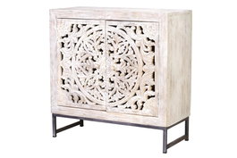 GINER Y COLOMER Buffet de salon en mangue massif avec pieds en fer - Finition blanc vieilli et gris, 80x80x35 cm